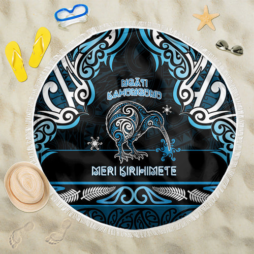 Ngati Kahungunu Aotearoa Meri Kirihimete Beach Blanket Maori Kiwi Bird Silver Fern Koru Pattern