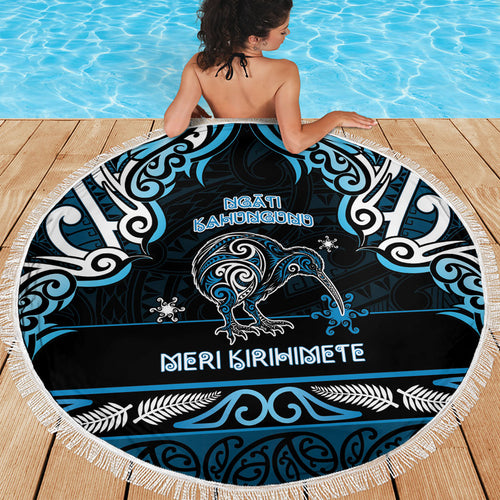 Ngati Kahungunu Aotearoa Meri Kirihimete Beach Blanket Maori Kiwi Bird Silver Fern Koru Pattern