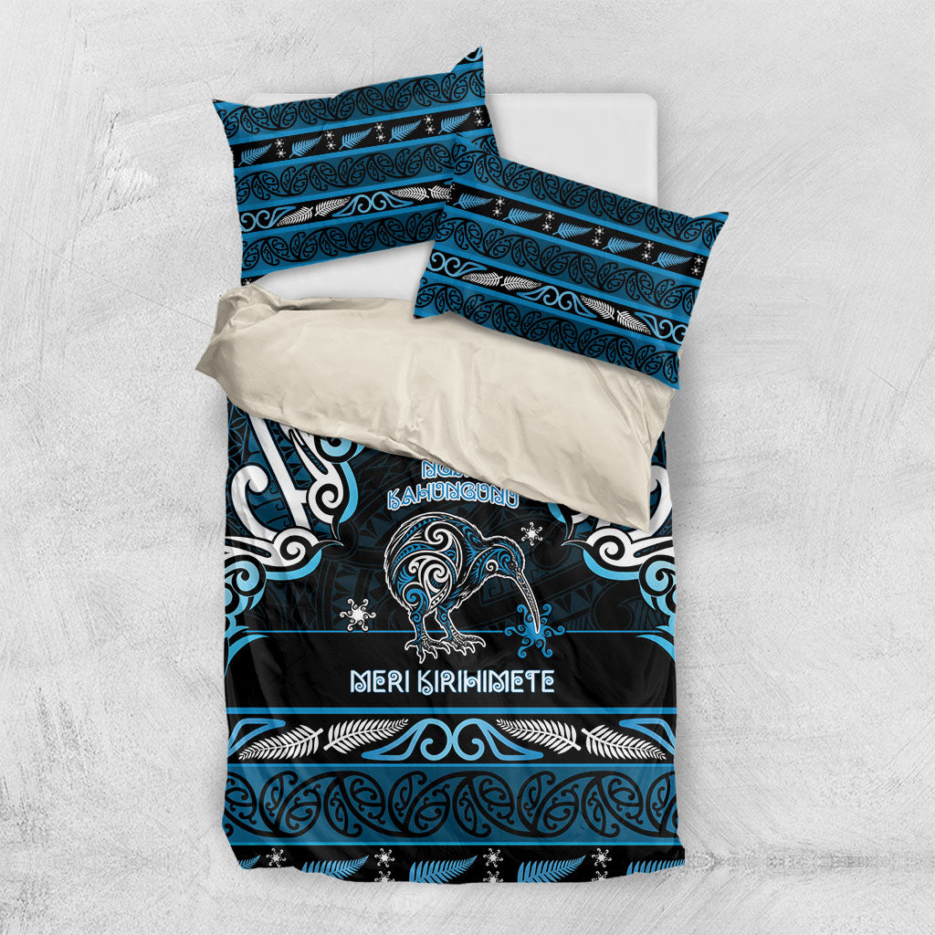 Ngati Kahungunu Aotearoa Meri Kirihimete Bedding Set Maori Kiwi Bird Silver Fern Koru Pattern