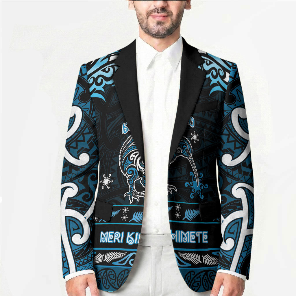 Personalised Ngati Kahungunu Aotearoa Meri Kirihimete Blazer Maori Kiwi Bird Silver Fern Koru Pattern