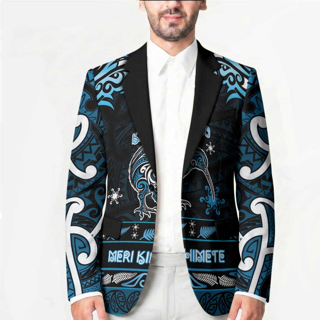 Personalised Ngati Kahungunu Aotearoa Meri Kirihimete Blazer Maori Kiwi Bird Silver Fern Koru Pattern