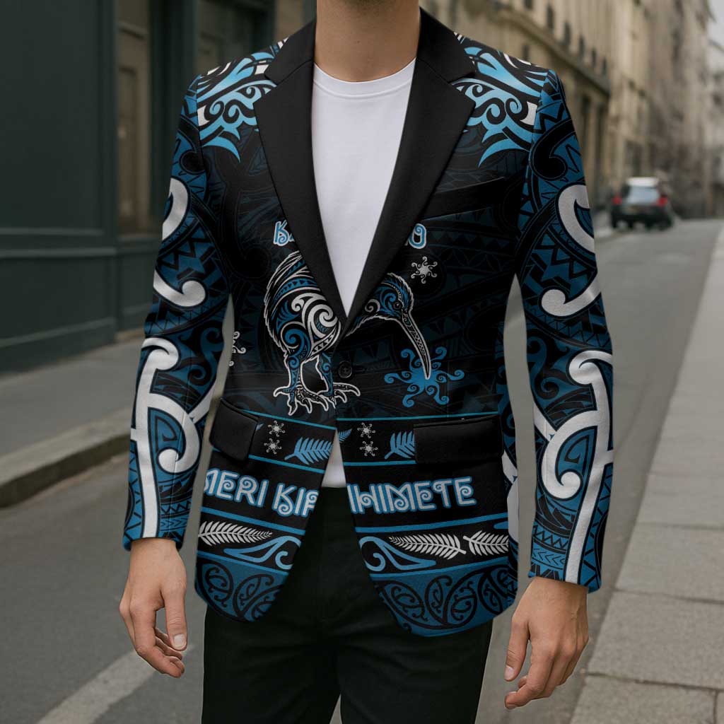 Personalised Ngati Kahungunu Aotearoa Meri Kirihimete Blazer Maori Kiwi Bird Silver Fern Koru Pattern