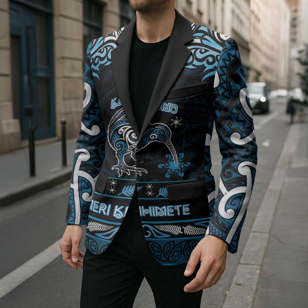Personalised Ngati Kahungunu Aotearoa Meri Kirihimete Blazer Maori Kiwi Bird Silver Fern Koru Pattern