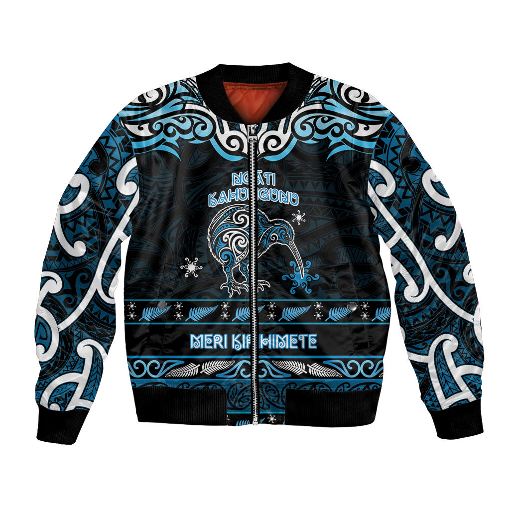 Personalised Ngati Kahungunu Aotearoa Meri Kirihimete Bomber Jacket Maori Kiwi Bird Silver Fern Koru Pattern