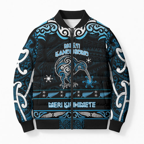 Personalised Ngati Kahungunu Aotearoa Meri Kirihimete Bomber Puffer Jacket Maori Kiwi Bird Silver Fern Koru Pattern