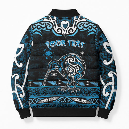 Personalised Ngati Kahungunu Aotearoa Meri Kirihimete Bomber Puffer Jacket Maori Kiwi Bird Silver Fern Koru Pattern