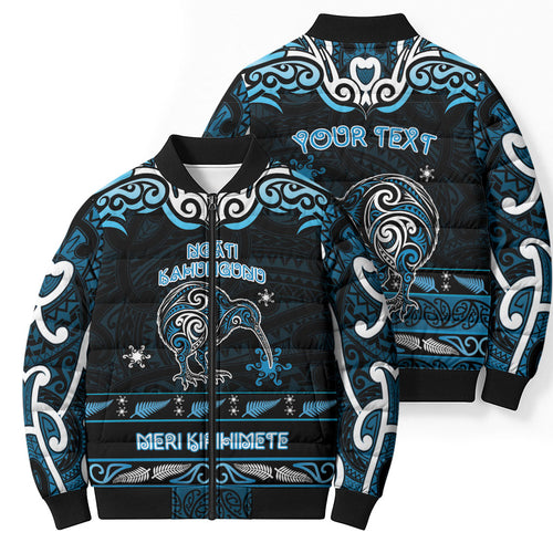Personalised Ngati Kahungunu Aotearoa Meri Kirihimete Bomber Puffer Jacket Maori Kiwi Bird Silver Fern Koru Pattern