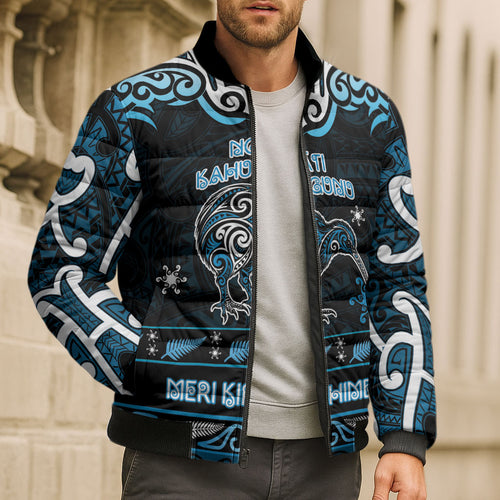 Personalised Ngati Kahungunu Aotearoa Meri Kirihimete Bomber Puffer Jacket Maori Kiwi Bird Silver Fern Koru Pattern
