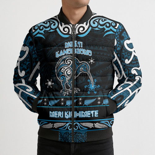 Personalised Ngati Kahungunu Aotearoa Meri Kirihimete Bomber Puffer Jacket Maori Kiwi Bird Silver Fern Koru Pattern