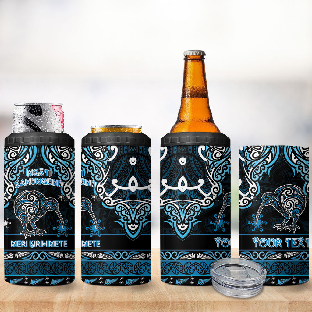 Personalised Ngati Kahungunu Aotearoa Meri Kirihimete 4 in 1 Can Cooler Tumbler Maori Kiwi Bird Silver Fern Koru Pattern