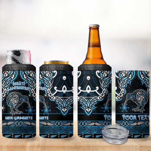 Personalised Ngati Kahungunu Aotearoa Meri Kirihimete 4 in 1 Can Cooler Tumbler Maori Kiwi Bird Silver Fern Koru Pattern
