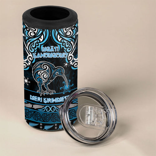 Personalised Ngati Kahungunu Aotearoa Meri Kirihimete 4 in 1 Can Cooler Tumbler Maori Kiwi Bird Silver Fern Koru Pattern