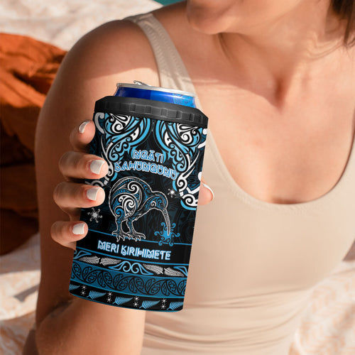 Personalised Ngati Kahungunu Aotearoa Meri Kirihimete 4 in 1 Can Cooler Tumbler Maori Kiwi Bird Silver Fern Koru Pattern