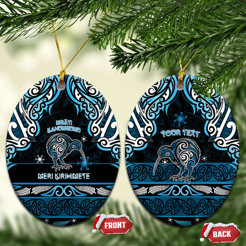 Personalised Ngati Kahungunu Aotearoa Meri Kirihimete Ceramic Ornament Maori Kiwi Bird Silver Fern Koru Pattern