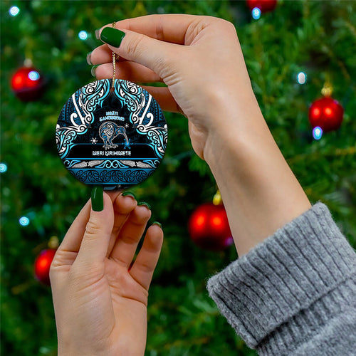 Personalised Ngati Kahungunu Aotearoa Meri Kirihimete Ceramic Ornament Maori Kiwi Bird Silver Fern Koru Pattern