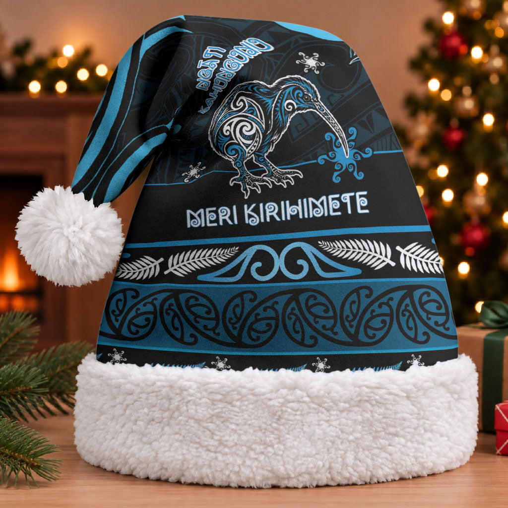 Personalised Ngati Kahungunu Aotearoa Meri Kirihimete Christmas Santa Hat Maori Kiwi Bird Silver Fern Koru Pattern