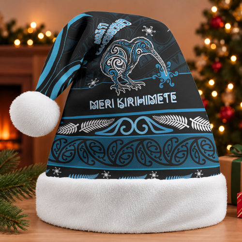 Personalised Ngati Kahungunu Aotearoa Meri Kirihimete Christmas Santa Hat Maori Kiwi Bird Silver Fern Koru Pattern