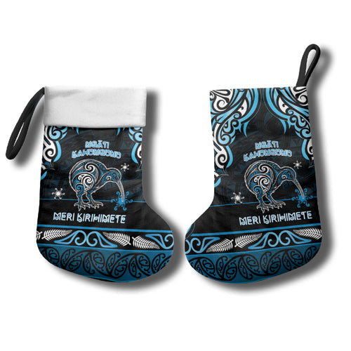 Personalised Ngati Kahungunu Aotearoa Meri Kirihimete Christmas Stocking Maori Kiwi Bird Silver Fern Koru Pattern