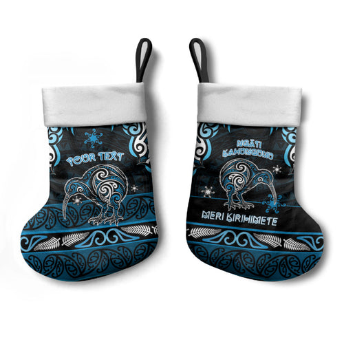 Personalised Ngati Kahungunu Aotearoa Meri Kirihimete Christmas Stocking Maori Kiwi Bird Silver Fern Koru Pattern
