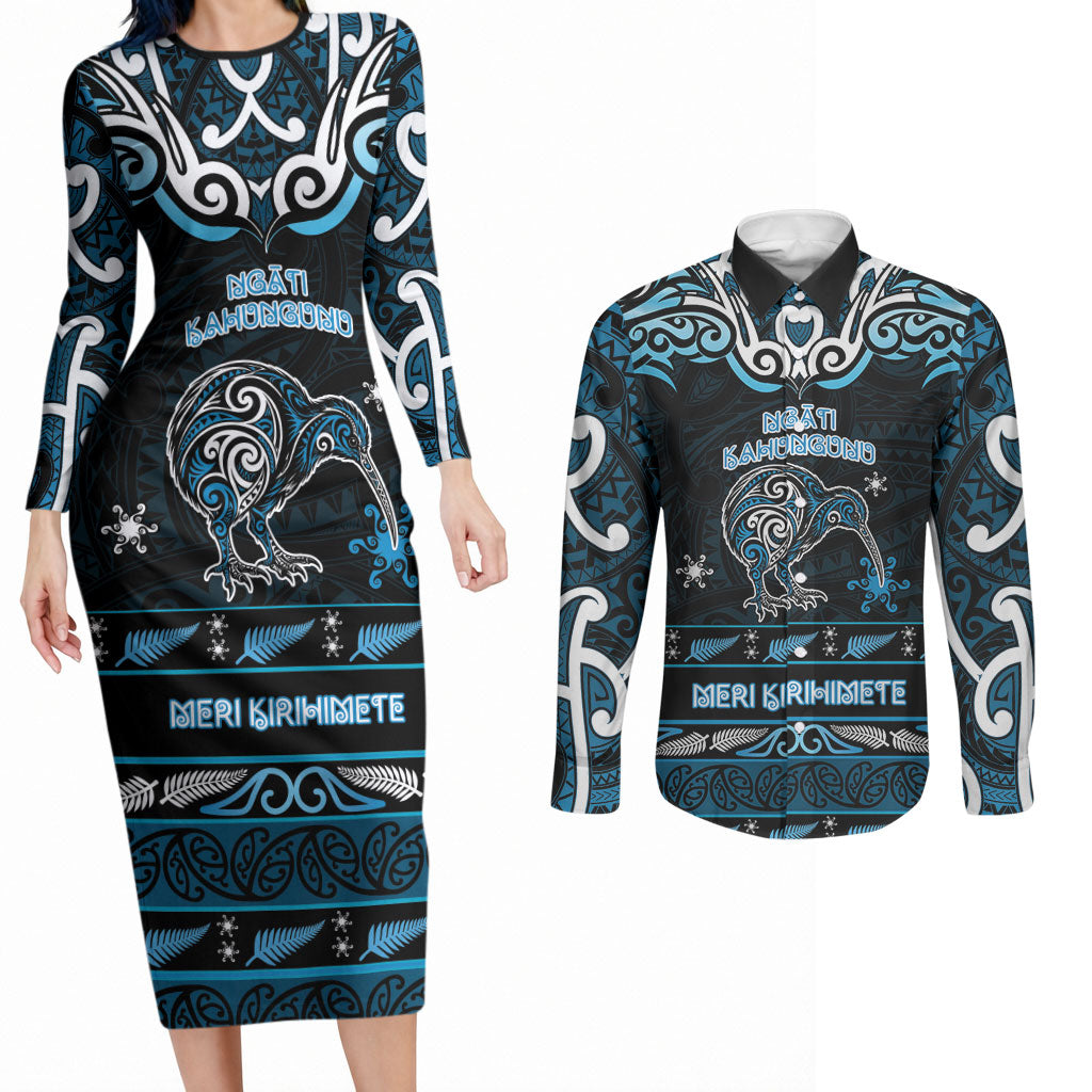 Personalised Ngati Kahungunu Aotearoa Meri Kirihimete Couples Matching Long Sleeve Bodycon Dress and Long Sleeve Button Shirt Maori Kiwi Bird Silver Fern Koru Pattern