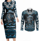 Personalised Ngati Kahungunu Aotearoa Meri Kirihimete Couples Matching Long Sleeve Bodycon Dress and Long Sleeve Button Shirt Maori Kiwi Bird Silver Fern Koru Pattern