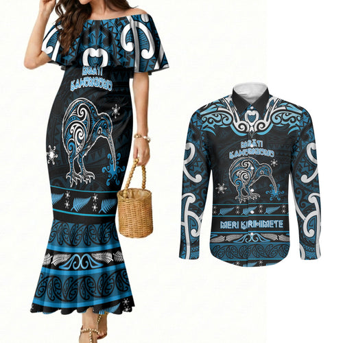 Personalised Ngati Kahungunu Aotearoa Meri Kirihimete Couples Matching Mermaid Dress and Long Sleeve Button Shirt Maori Kiwi Bird Silver Fern Koru Pattern