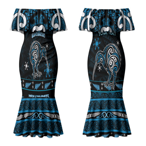 Personalised Ngati Kahungunu Aotearoa Meri Kirihimete Couples Matching Mermaid Dress and Long Sleeve Button Shirt Maori Kiwi Bird Silver Fern Koru Pattern