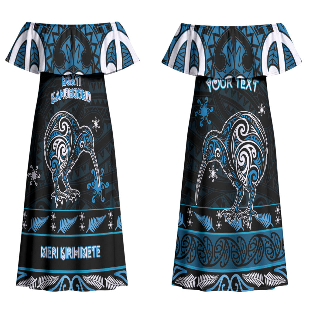 Personalised Ngati Kahungunu Aotearoa Meri Kirihimete Couples Matching Off Shoulder Maxi Dress and Long Sleeve Button Shirt Maori Kiwi Bird Silver Fern Koru Pattern