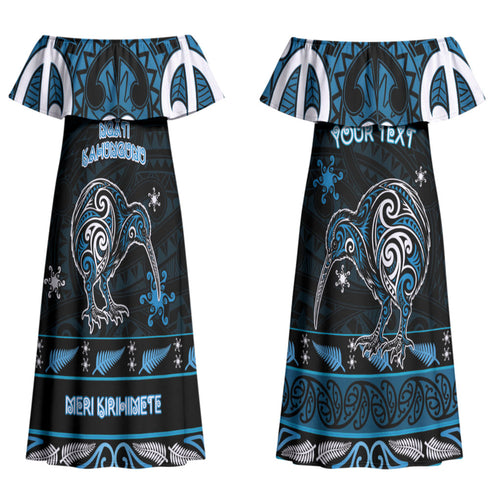 Personalised Ngati Kahungunu Aotearoa Meri Kirihimete Couples Matching Off Shoulder Maxi Dress and Long Sleeve Button Shirt Maori Kiwi Bird Silver Fern Koru Pattern