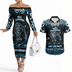 Personalised Ngati Kahungunu Aotearoa Meri Kirihimete Couples Matching Off The Shoulder Long Sleeve Dress and Hawaiian Shirt Maori Kiwi Bird Silver Fern Koru Pattern