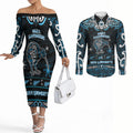Personalised Ngati Kahungunu Aotearoa Meri Kirihimete Couples Matching Off The Shoulder Long Sleeve Dress and Long Sleeve Button Shirt Maori Kiwi Bird Silver Fern Koru Pattern