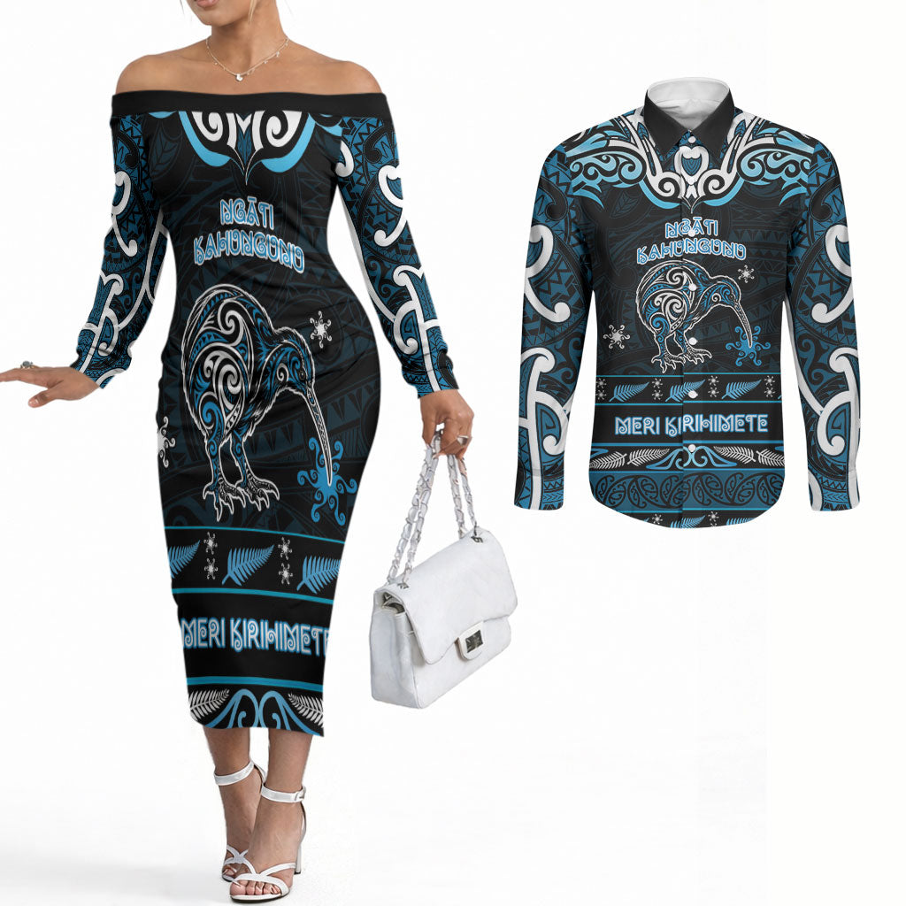 Personalised Ngati Kahungunu Aotearoa Meri Kirihimete Couples Matching Off The Shoulder Long Sleeve Dress and Long Sleeve Button Shirt Maori Kiwi Bird Silver Fern Koru Pattern