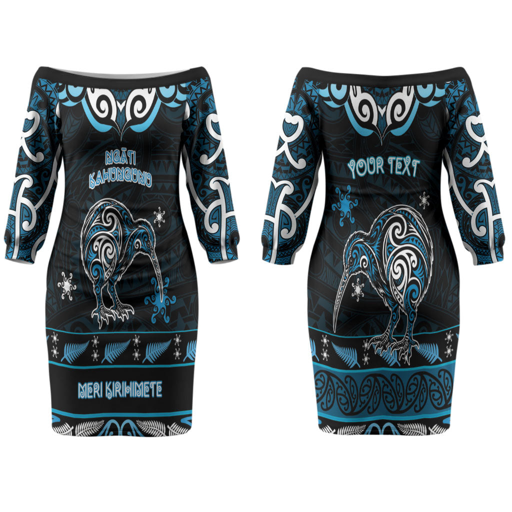 Personalised Ngati Kahungunu Aotearoa Meri Kirihimete Couples Matching Off The Shoulder Long Sleeve Dress and Long Sleeve Button Shirt Maori Kiwi Bird Silver Fern Koru Pattern