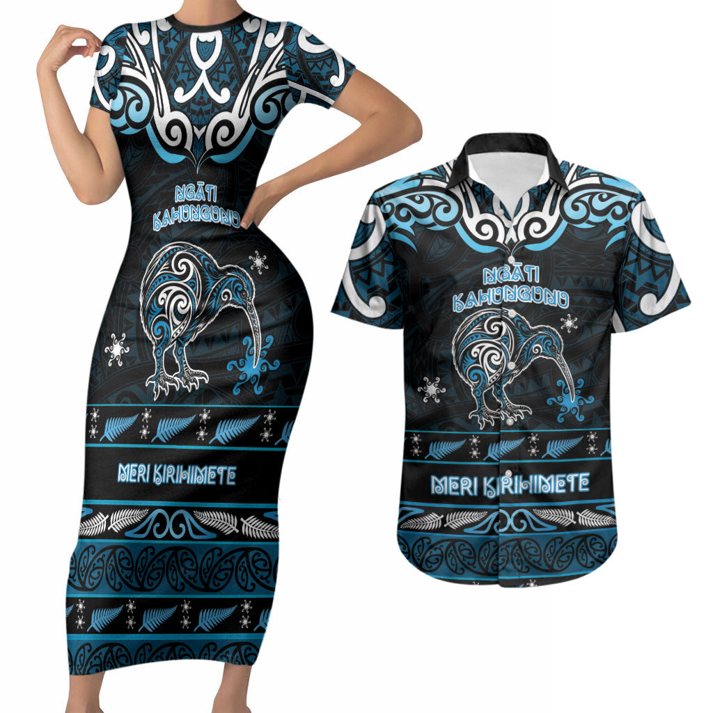 Personalised Ngati Kahungunu Aotearoa Meri Kirihimete Couples Matching Short Sleeve Bodycon Dress and Hawaiian Shirt Maori Kiwi Bird Silver Fern Koru Pattern