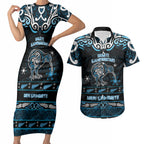 Personalised Ngati Kahungunu Aotearoa Meri Kirihimete Couples Matching Short Sleeve Bodycon Dress and Hawaiian Shirt Maori Kiwi Bird Silver Fern Koru Pattern