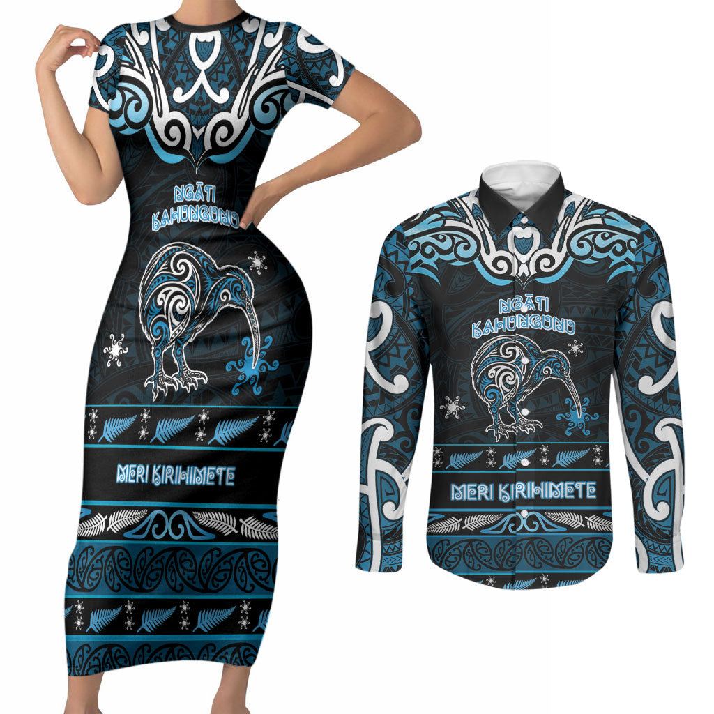 Personalised Ngati Kahungunu Aotearoa Meri Kirihimete Couples Matching Short Sleeve Bodycon Dress and Long Sleeve Button Shirt Maori Kiwi Bird Silver Fern Koru Pattern