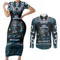 Personalised Ngati Kahungunu Aotearoa Meri Kirihimete Couples Matching Short Sleeve Bodycon Dress and Long Sleeve Button Shirt Maori Kiwi Bird Silver Fern Koru Pattern
