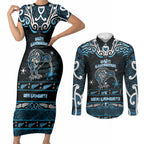 Personalised Ngati Kahungunu Aotearoa Meri Kirihimete Couples Matching Short Sleeve Bodycon Dress and Long Sleeve Button Shirt Maori Kiwi Bird Silver Fern Koru Pattern