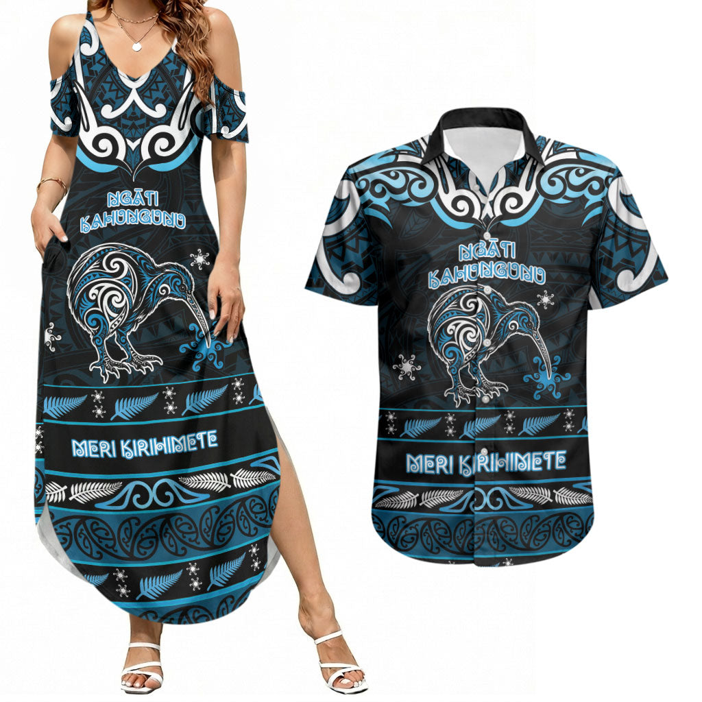 Personalised Ngati Kahungunu Aotearoa Meri Kirihimete Couples Matching Summer Maxi Dress and Hawaiian Shirt Maori Kiwi Bird Silver Fern Koru Pattern