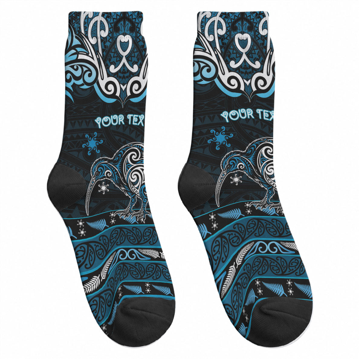 Personalised Ngati Kahungunu Aotearoa Meri Kirihimete Crew Socks Maori Kiwi Bird Silver Fern Koru Pattern