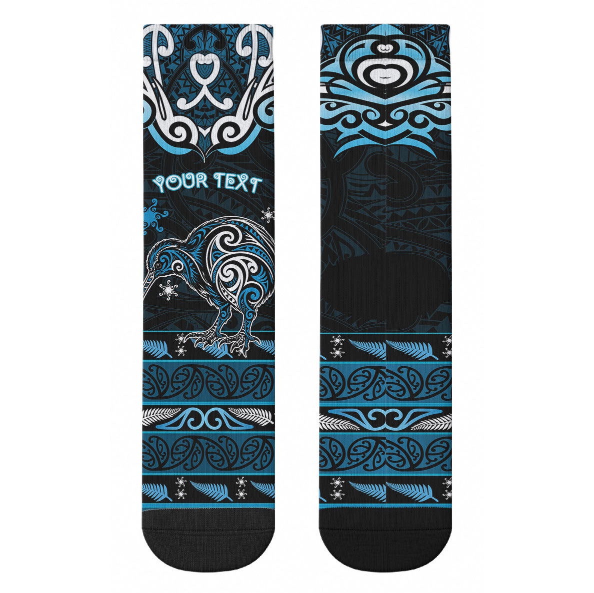 Personalised Ngati Kahungunu Aotearoa Meri Kirihimete Crew Socks Maori Kiwi Bird Silver Fern Koru Pattern