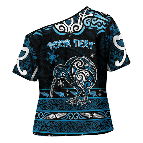 Personalised Ngati Kahungunu Aotearoa Meri Kirihimete Cross Shoulder Shirt Maori Kiwi Bird Silver Fern Koru Pattern