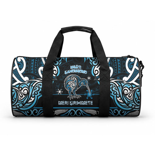 Ngati Kahungunu Aotearoa Meri Kirihimete Duffle Bag Maori Kiwi Bird Silver Fern Koru Pattern