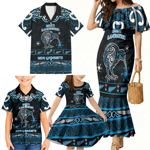Personalised Ngati Kahungunu Aotearoa Meri Kirihimete Family Matching Mermaid Dress and Hawaiian Shirt Maori Kiwi Bird Silver Fern Koru Pattern