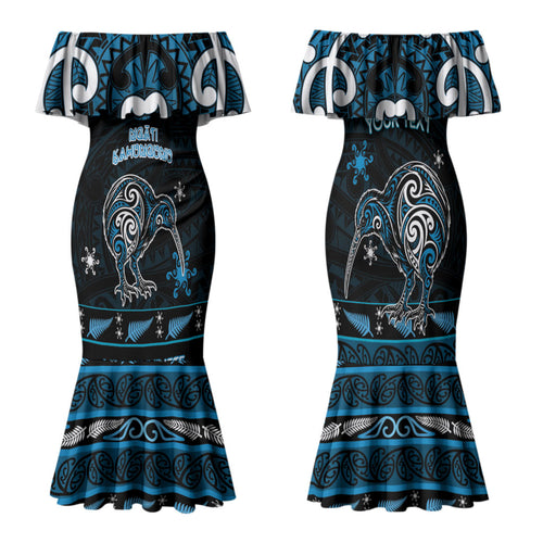 Personalised Ngati Kahungunu Aotearoa Meri Kirihimete Family Matching Mermaid Dress and Hawaiian Shirt Maori Kiwi Bird Silver Fern Koru Pattern