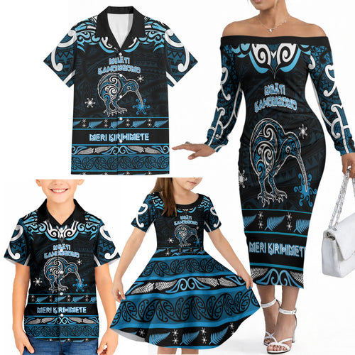 Personalised Ngati Kahungunu Aotearoa Meri Kirihimete Family Matching Off The Shoulder Long Sleeve Dress and Hawaiian Shirt Maori Kiwi Bird Silver Fern Koru Pattern