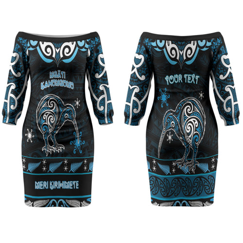 Personalised Ngati Kahungunu Aotearoa Meri Kirihimete Family Matching Off The Shoulder Long Sleeve Dress and Hawaiian Shirt Maori Kiwi Bird Silver Fern Koru Pattern
