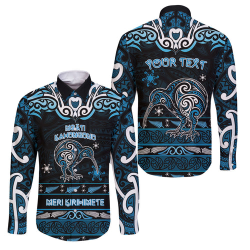Personalised Ngati Kahungunu Aotearoa Meri Kirihimete Family Matching Off The Shoulder Long Sleeve Dress and Hawaiian Shirt Maori Kiwi Bird Silver Fern Koru Pattern