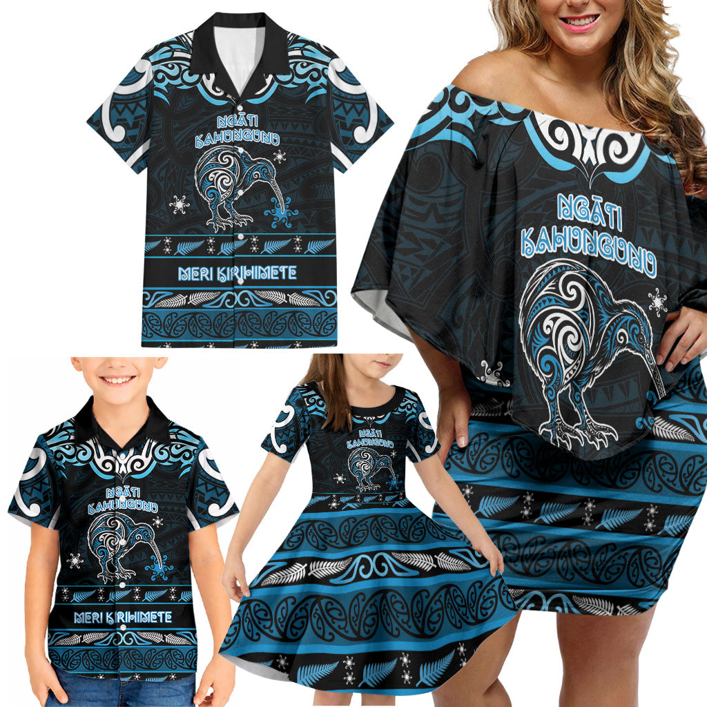 Personalised Ngati Kahungunu Aotearoa Meri Kirihimete Family Matching Off Shoulder Short Dress and Hawaiian Shirt Maori Kiwi Bird Silver Fern Koru Pattern