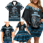 Personalised Ngati Kahungunu Aotearoa Meri Kirihimete Family Matching Off Shoulder Short Dress and Hawaiian Shirt Maori Kiwi Bird Silver Fern Koru Pattern